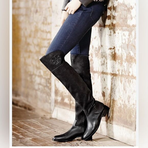 Tory Burch Simone Leather Black Boots 9 Equestrian Over The Knee Riding Boots - Picture 1 of 13